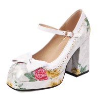 Square Toe Bowtied Mary Janes Chunky Heels Low Platforms Flower Print Pumps - White Patent