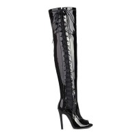 Peep Toe Stiletto Heels Crosstied Lace Up Over The Knees Thigh High Side Zipper Booties - Black Patent