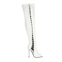 Peep Toe Stiletto Heels Crosstied Lace Up Over The Knees Thigh High Side Zipper Booties - White Patent