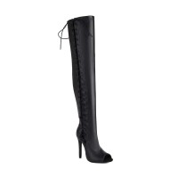 Peep Toe Stiletto Heels Crosstied Lace Up Over The Knees Thigh High Side Zipper Booties - Black Faux Leather
