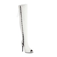 Peep Toe Stiletto Heels Crosstied Lace Up Over The Knees Thigh High Side Zipper Booties - White Faux Leather