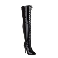 Peep Toe Stiletto Heels Lace Up Over The Knees Thigh High Back Zipper Booties - Black Patent