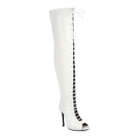 Peep Toe Stiletto Heels Lace Up Over The Knees Thigh High Back Zipper Booties - White Patent
