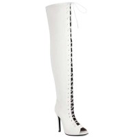 Peep Toe Stiletto Heels Lace Up Over The Knees Thigh High Back Zipper Booties - White Faux Leather