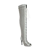 Peep Toe Stiletto Heels Lace Up Flock Hollow Over The Knees Thigh High Back Zipper Booties - Gray Patent