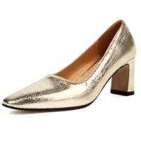 Pointed Toe Chunky Heels Rustic Metallic Pumps - Gold Faux Leather
