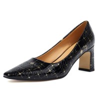 Pointed Toe Chunky Heels Printed Pumps - Black Patent