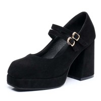 Square Toe Double Straps Mary Janes Chunky Heels Low Platforms Pumps - Black Flock