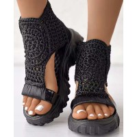 Peep Toe Handmade Embroidery Platforms Flat Summer Ankle High Sandals - Black Polyester