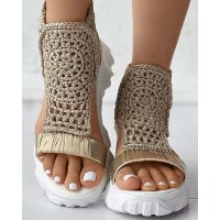Peep Toe Handmade Embroidery Platforms Flat Summer Ankle High Sandals - Gold Polyester