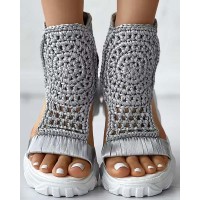 Peep Toe Handmade Embroidery Platforms Flat Summer Ankle High Sandals - Gray Polyester