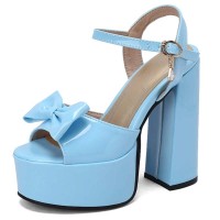 Peep Toe Bowtied Platforms Chunky Heels Sweet Color Ankle Buckle Straps Sandals - Blue Patent
