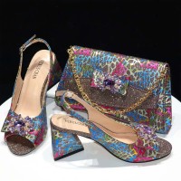 Peep Toe Rhinestones Glitters Chunky Heels Leopard Slingback Sandals with Bag  - Multicolor Synthetic