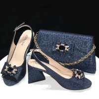 Peep Toe Rhinestones Glitters Chunky Heels Leopard Slingback Sandals with Bag  - DarkBlue Synthetic