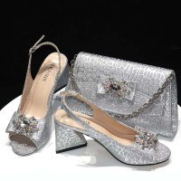 Peep Toe Rhinestones Glitters Chunky Heels Leopard Slingback Sandals with Bag  - Silver Synthetic