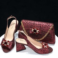 Peep Toe Rhinestones Glitters Chunky Heels Leopard Slingback Sandals with Bag  - Wine Synthetic