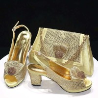 Peep Toe Rhinestones Glitters Chunky Heels Slingback Sandals Pumps with Bag  - Gold Synthetic