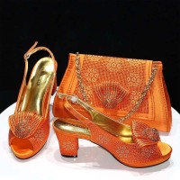 Peep Toe Rhinestones Glitters Chunky Heels Slingback Sandals Pumps with Bag  - Orange Synthetic