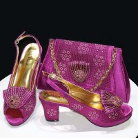 Peep Toe Rhinestones Glitters Chunky Heels Slingback Sandals Pumps with Bag  - Purple Synthetic