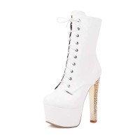 Round Toe Stiletto Golden Heels Checked Side Zipper Ankle Highs Booties - White Patent
