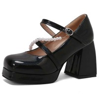 Square Toe String Bead Chunky Heels Mary Janes Low Platforms Pastel Pumps - Black Patent