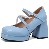 Square Toe String Bead Chunky Heels Mary Janes Low Platforms Pastel Pumps - SkyBlue Patent