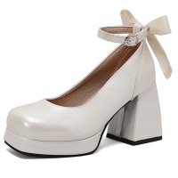 Square Toe Butterfly Knot Chunky Heels Ankle Buckle Cute Straps Low Platforms Pumps - White Faux Leather