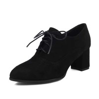 Pointed Toe Lace Up Chunky Heels Loafers - Black Flock