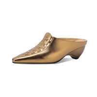 Pointed Metal Toe Kitten Heels Summer Concise Sandals - Gold Leather
