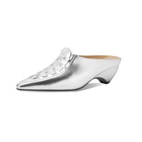 Pointed Metal Toe Kitten Heels Summer Concise Sandals - Silver Leather