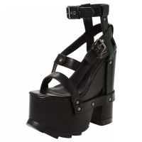 Peep Toe Chunky Heels Buckle Straps Punk Gothic Platforms Sandals - Black Faux Leather
