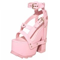 Peep Toe Chunky Heels Buckle Straps Punk Gothic Platforms Sandals - Pink Faux Leather