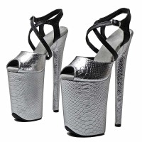 Peep Toe Stiletto Heels Snake Print Ankle Cross Straps Platforms Sandals  - Silver Patent