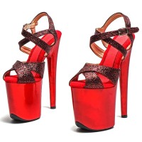 Peep Toe Stiletto Heels Glitters Ankle Cross Straps Platforms Sandals  - Red Synthetic