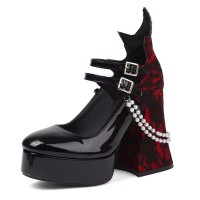 Round Toe Double Buckle Straps Beads Goth Shallow Platforms Chunky Heels Mary Janes Pumps - Black Patent