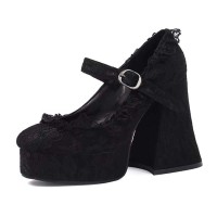 Lace Printed Chunky Heels Lace Up Platforms Mary Janes Gothic Pumps - Black Fabric