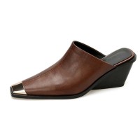 Pointed Metal Toe Wedges Heels Half Slippers Sandals - Brown Leather