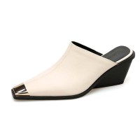 Pointed Metal Toe Wedges Heels Half Slippers Sandals - White Leather
