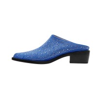Pointed Metal Toe Chunky Heels Summer Rhinestones Sandals - Blue Microfiber