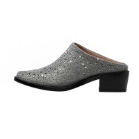 Pointed Metal Toe Chunky Heels Summer Rhinestones Sandals - Gray Microfiber