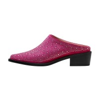 Pointed Metal Toe Chunky Heels Summer Rhinestones Sandals - Rose Microfiber