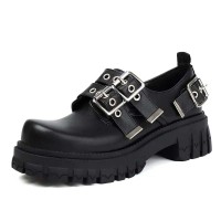 Round Toe Brogues Buckle Strap Metal Gothic Loafers  - Black Faux Leather