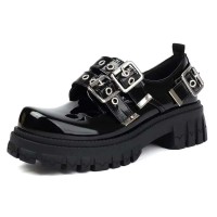 Round Toe Brogues Buckle Strap Metal Gothic Loafers  - Black Patent