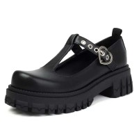 Round Toe Mary Janes Chunky Heels T Straps Rivets Gothic Loafers  - Black Faux Leather
