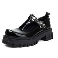 Round Toe Mary Janes Chunky Heels T Straps Rivets Gothic Loafers  - Black Patent