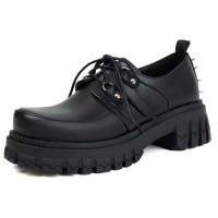 Round Toe Buckle Rivet Decorated Lace Up College Gothic Punk Loafers  - Black Faux Leather