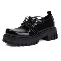 Round Toe Buckle Rivet Decorated Lace Up College Gothic Punk Loafers  - Black Patent