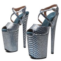 Peep Toe Stiletto Heels Snake Print Ankle Cross Straps Platforms Sandals  - LightBlue Faux Leather