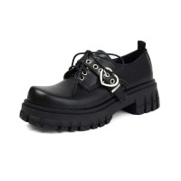Round Toe Buckle Mary Janes Straps with Lace Up College Gothic Loafers  - Black Faux Leather