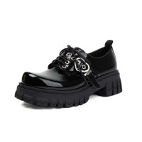 Round Toe Buckle Mary Janes Straps with Lace Up College Gothic Loafers  - Black Patent